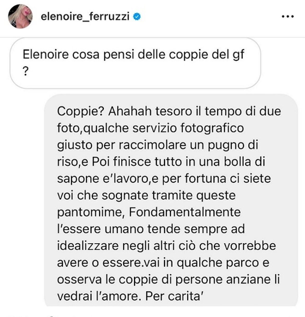 Elenoire Ferruzzi contro le coppie del GF Vip 7