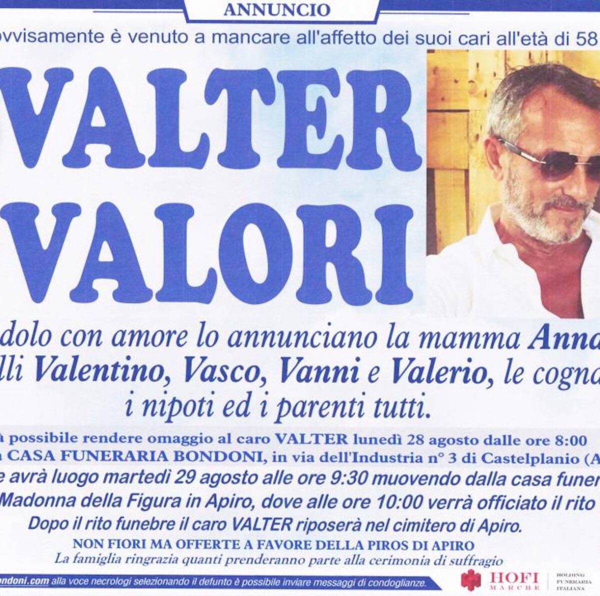 Valter Valori, trovato morto a casa: aveva 58 anni