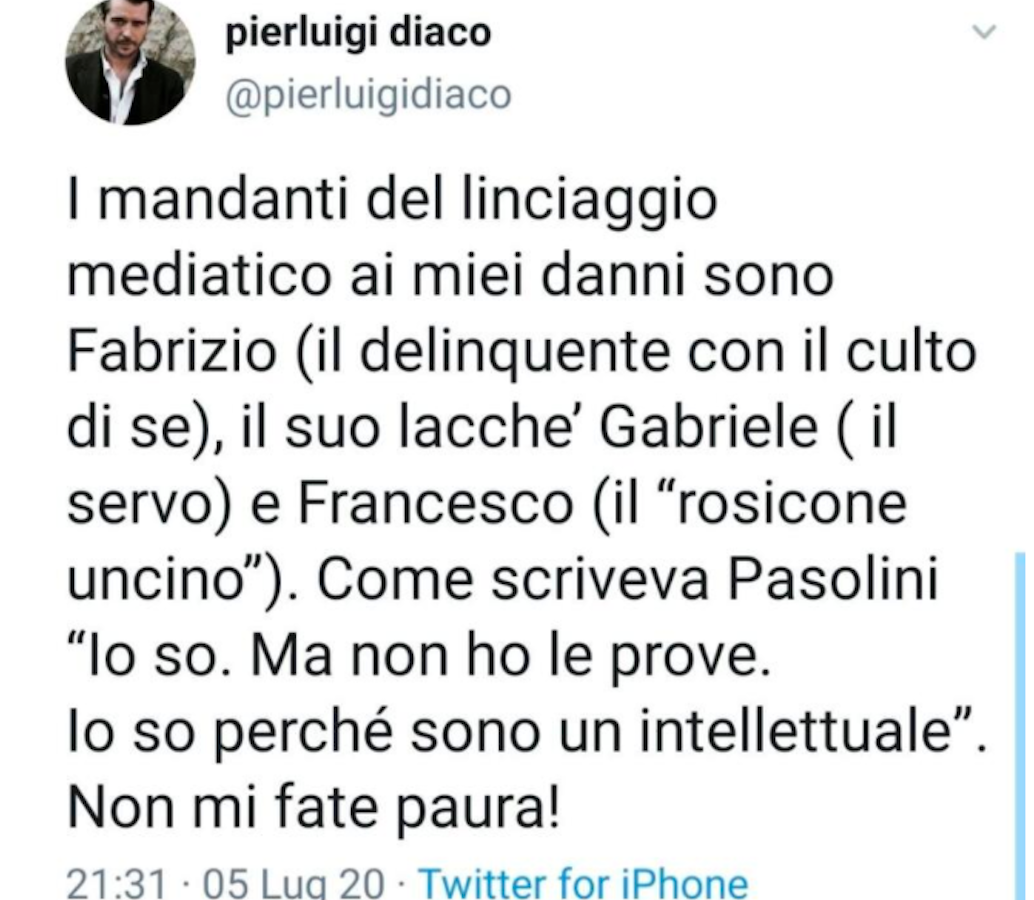 "È uno schifo, passo ad azioni legali". Pierluigi Diaco, la faccenda si complica. "Non mi fate paura"
