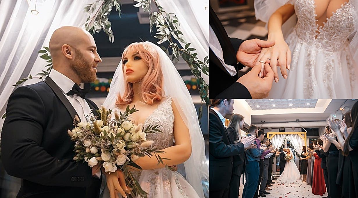 Yuri Tolochko, bodybuilder kazako, ha sposato la sua bambola gonfiabile