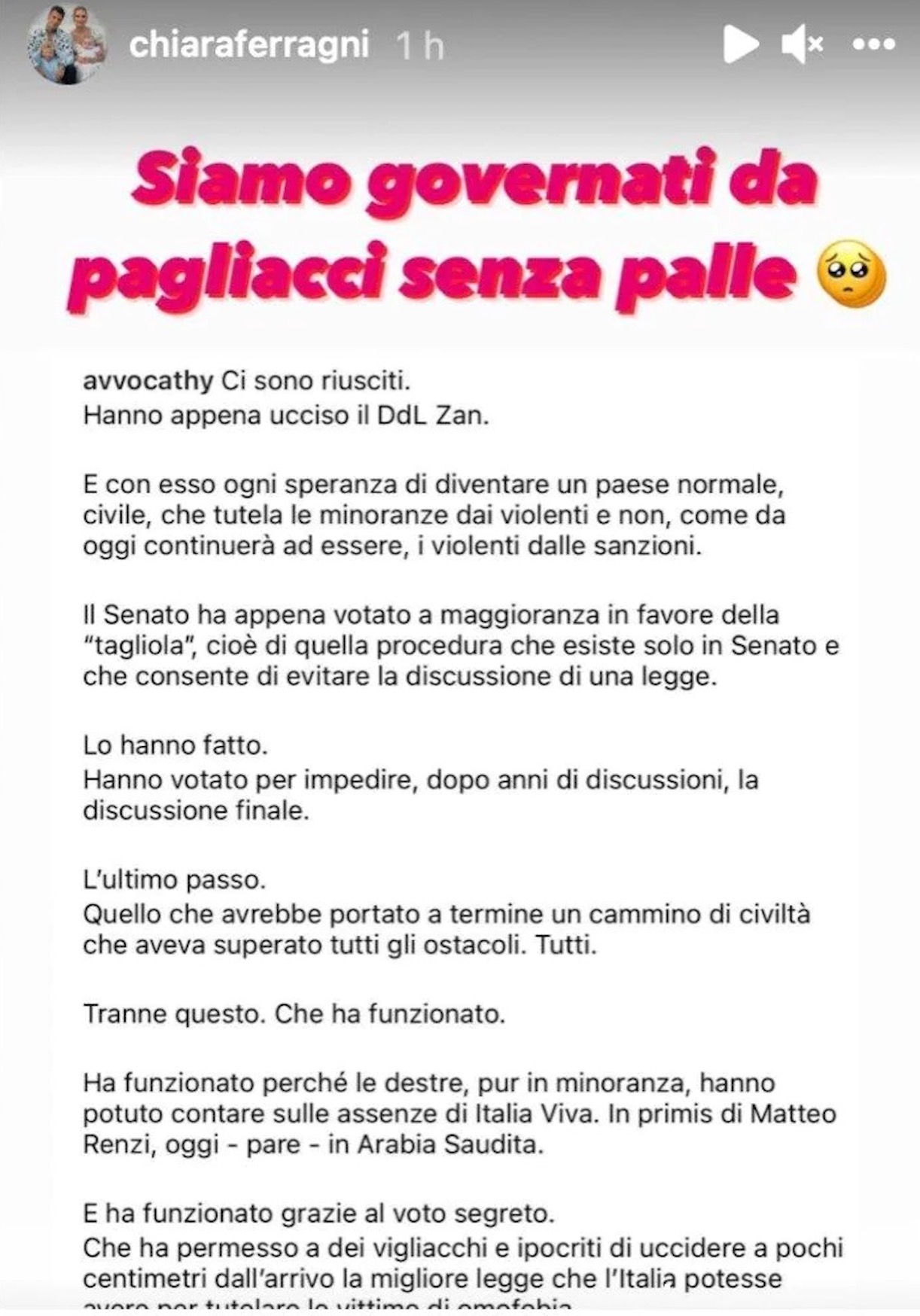 Chiara Ferragni pagliacci ddl zan