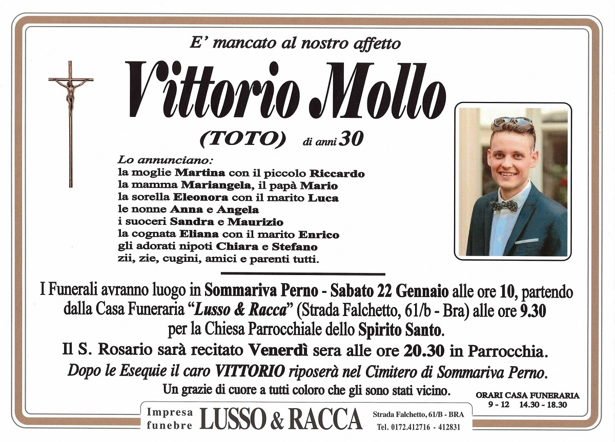 Vittorio Mollo 30 anni morto marito ultimo addio