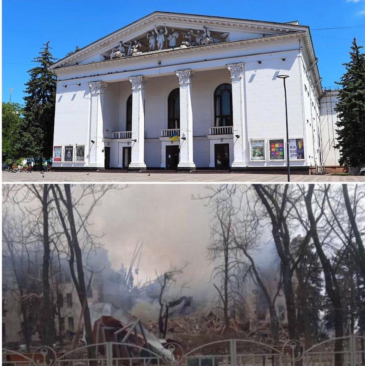 Ucraina bombardato teatro Mariupol scritta Bambini