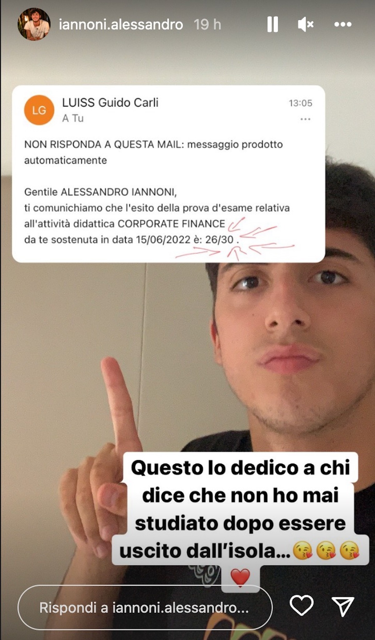 alessandro iannoni esame dopo isola dei famosi voto dedica