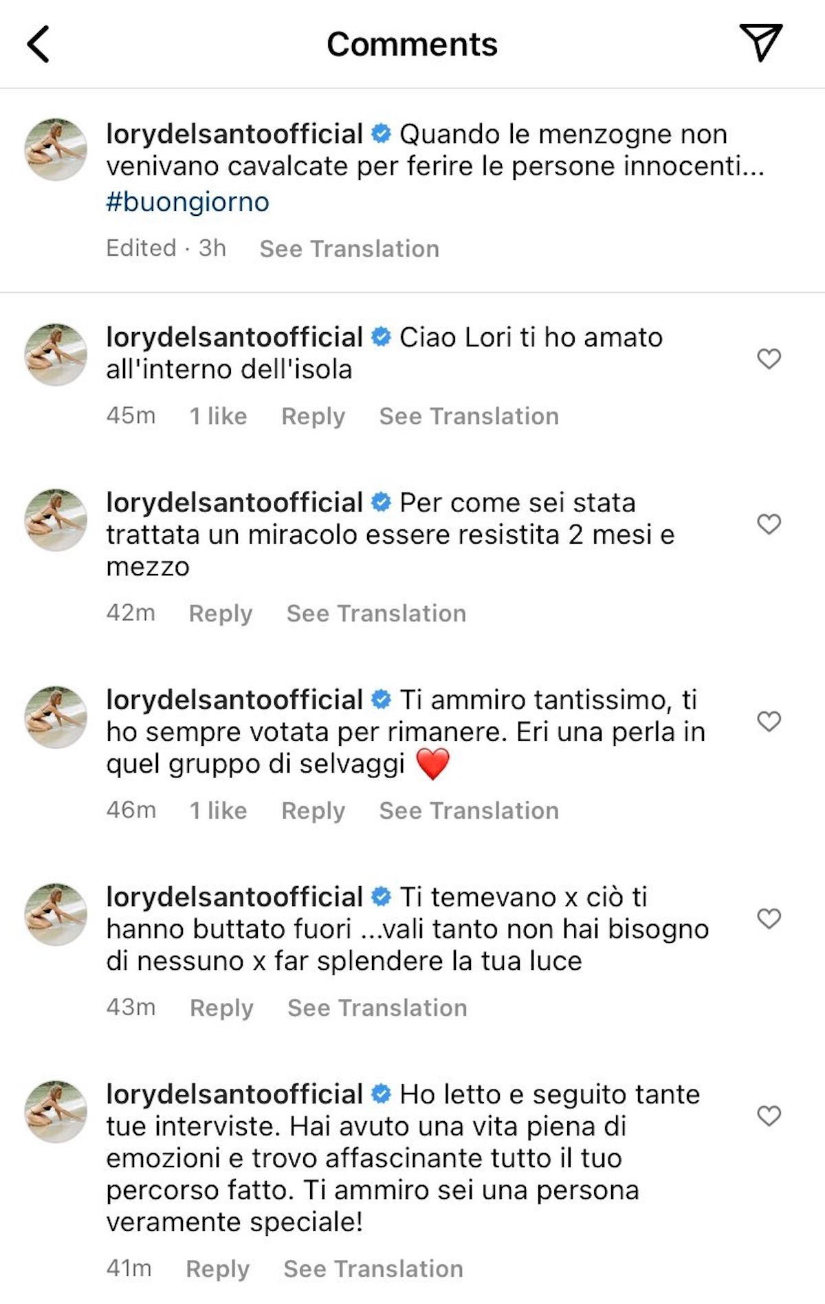 Lory Del Santo e i commenti su Instagram scritti amica