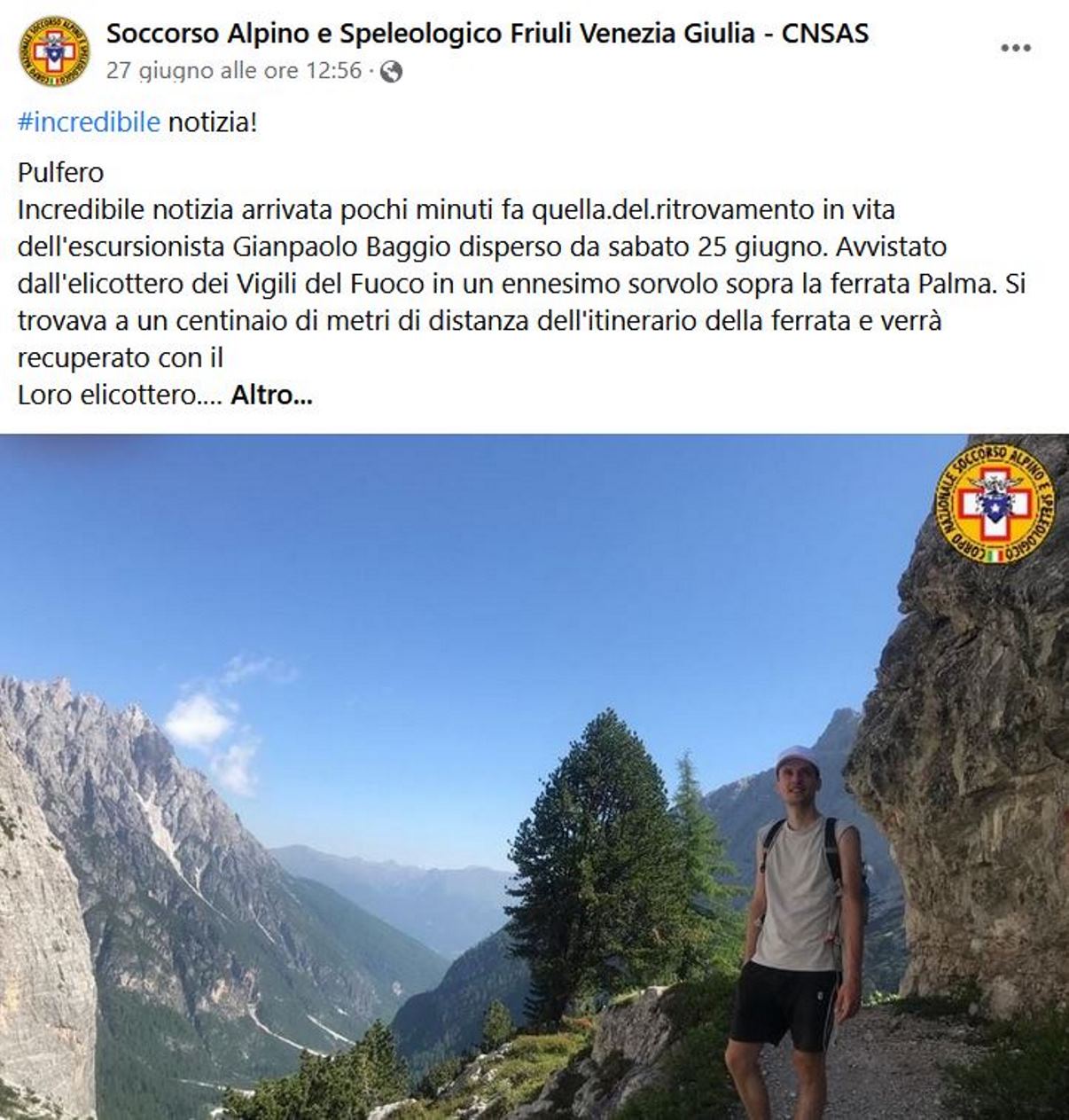 Giampaolo Baggio ritrovato vivo escursionista disperso