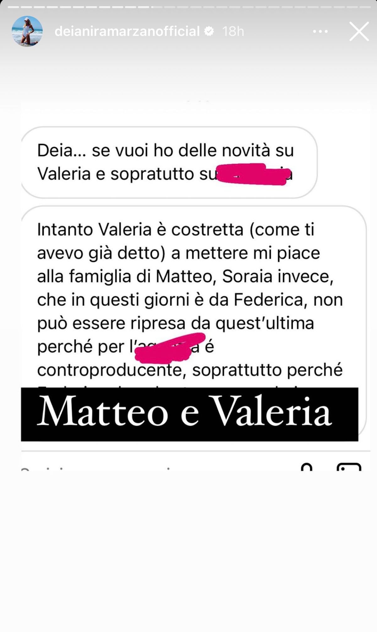 Valeria Cardone segnalazione addio famiglia matteo ranieri