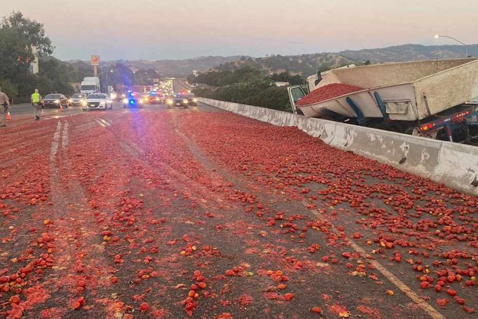 Pomodori sparpagliati su un'autostrada