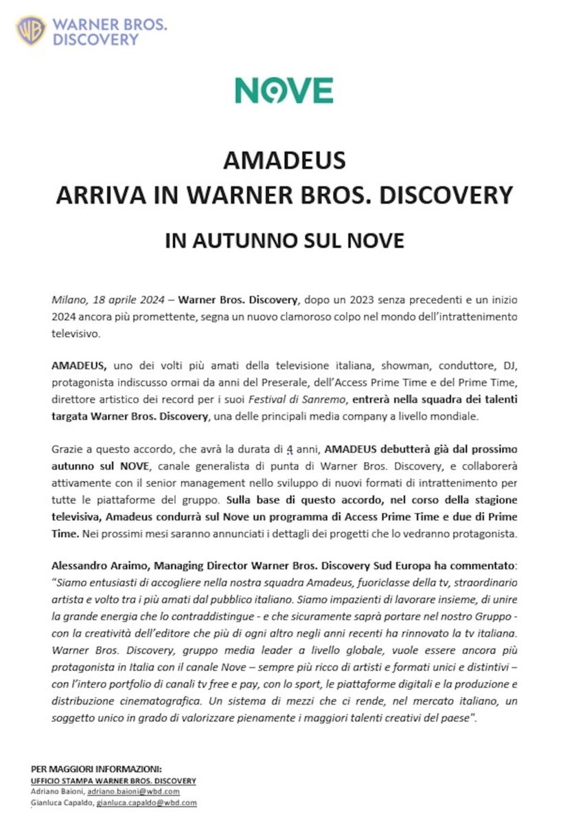 Cosa condurrà Amadeus sul Nove: il comunicato della Warner