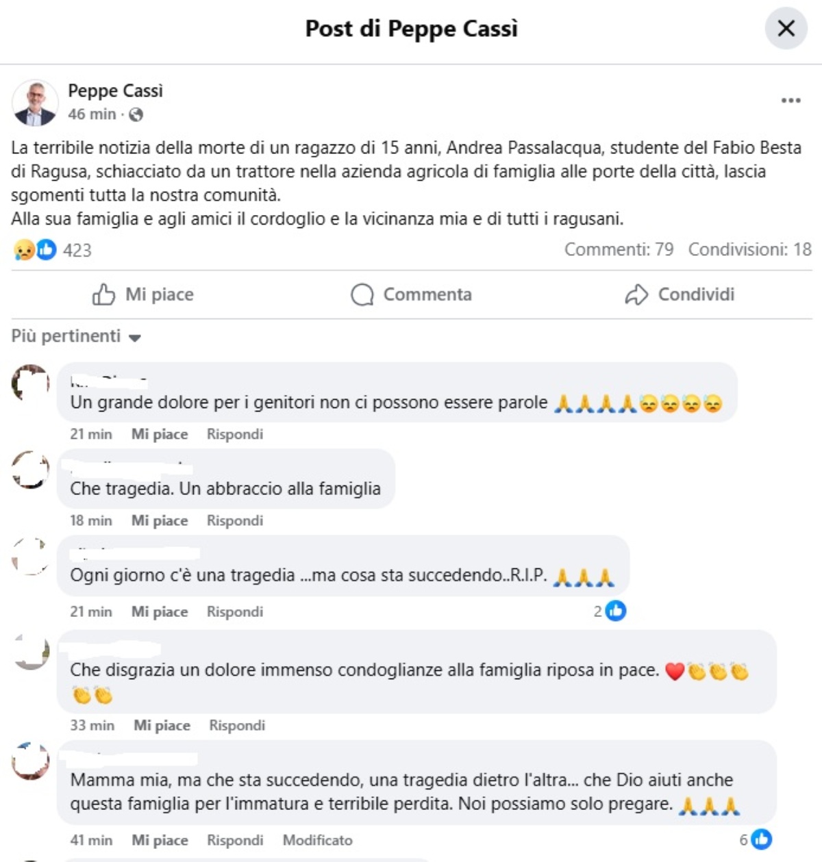 morto andrea 15 anni azienda famiglia