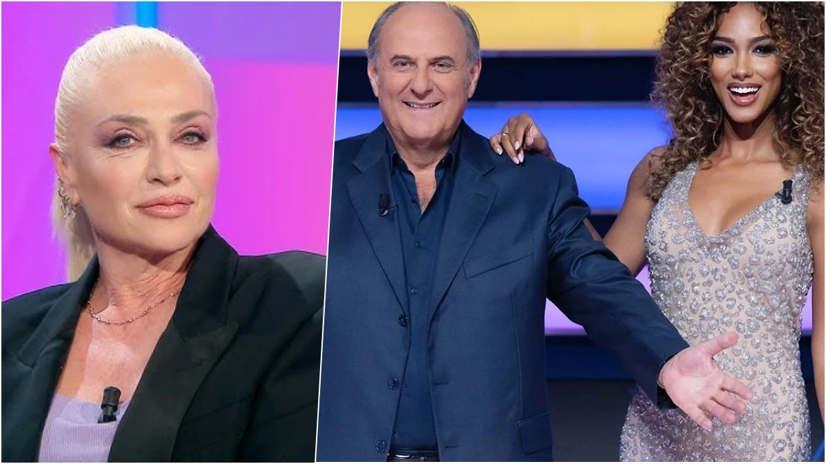 Paola Barale, Gerry Scotti e Samira Lui insieme nello studio di La Ruota della Fortuna