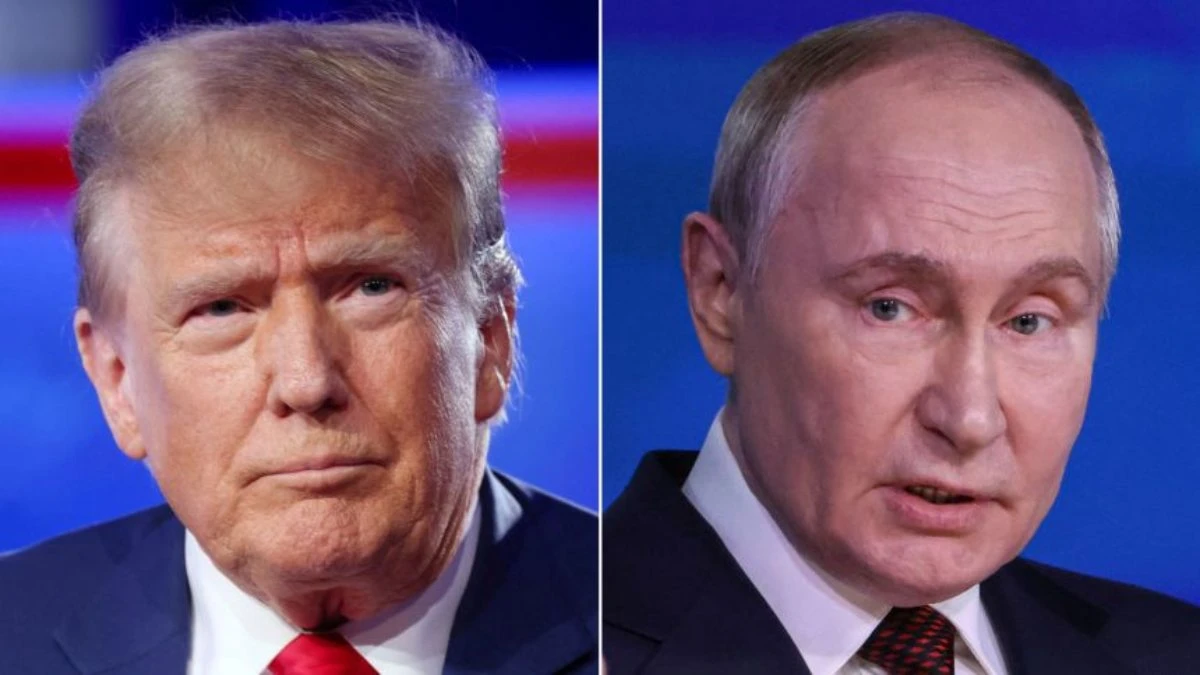 Donald Trump in primo piano, sullo sfondo Vladimir Putin. L'incontro alla Casa Bianca che fa discutere.