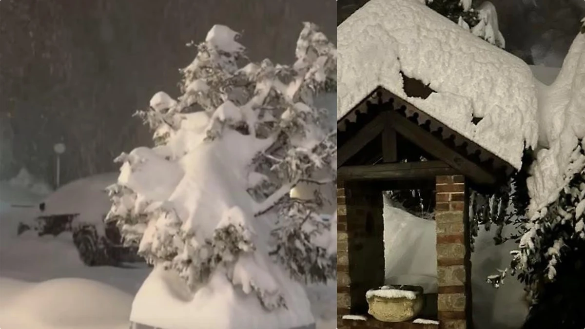 Nevicata intensa notturna sulle Alpi piemontesi con paesaggio completamente imbiancato
