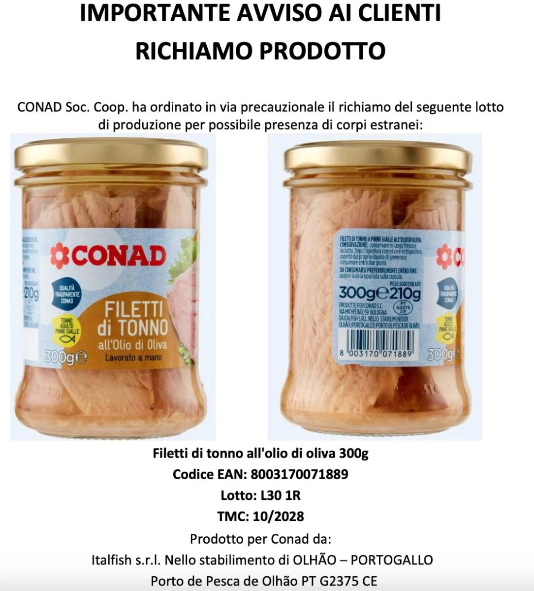 Avviso di richiamo dei filetti di tonno Conad con dati di lotto e scadenza