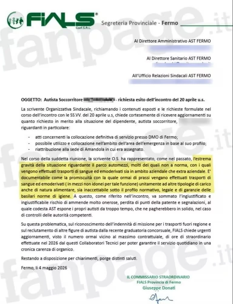 Lettera del sindacato Fials sui trasporti contestati nell'AST di Fermo